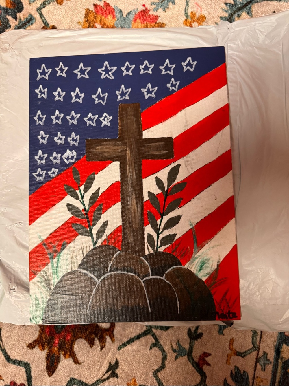 Patriotic Cross Canvas Painting - Red White Blue